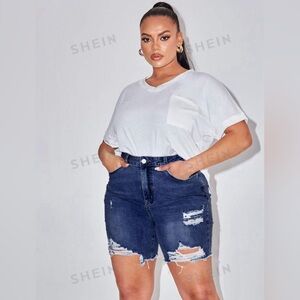 Washed Denim Shorts With Distressed Detail